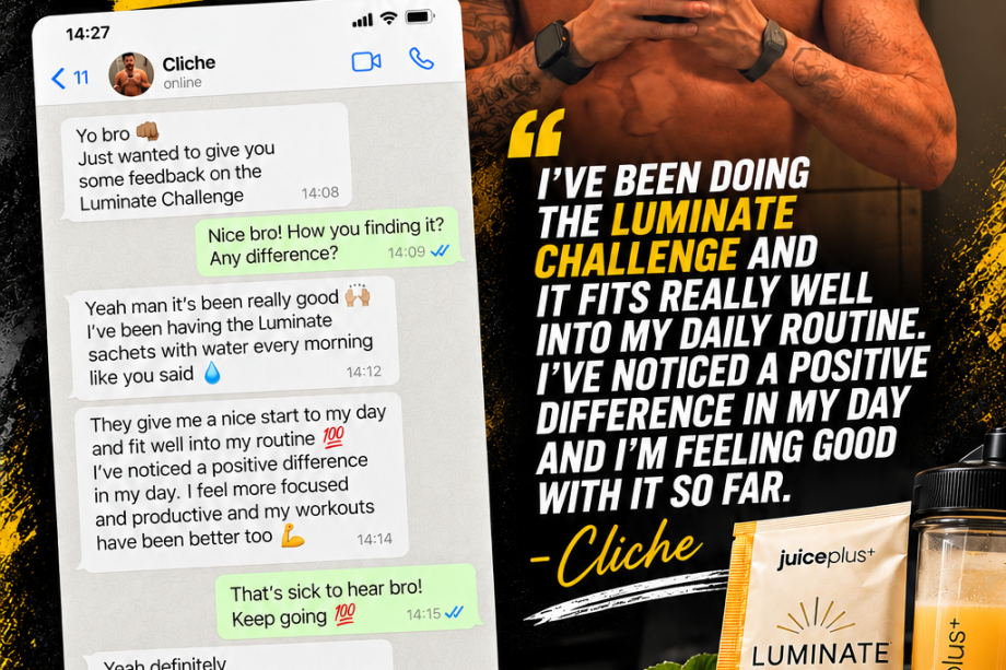 Cliche sharing his Luminate Challenge experience with Juice Plus+ Luminate sachets