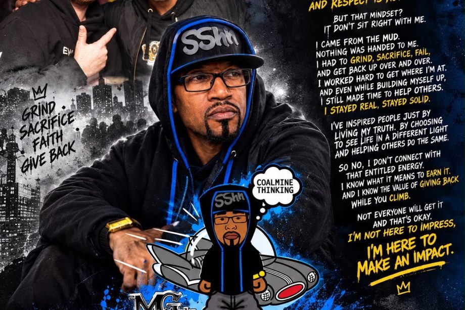 MC Stimulator graphic about grind sacrifice faith and giving back