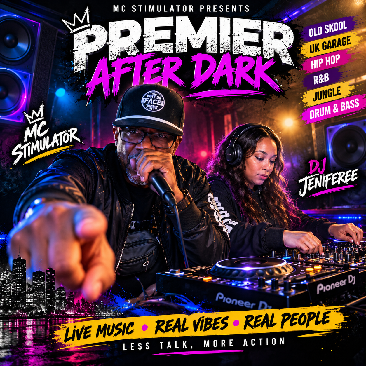Premier After Dark promotional poster featuring MC Stimulator and DJ Jeniferee